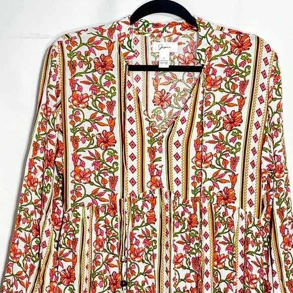 Japna Womens Floral Geometric Tiered Mini Dress Orange Pink Boho Tassel Small - Picture 3 of 7